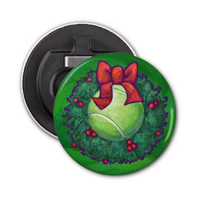 Tennis Ball Christmas Wreath on Green Bottle Opener (Front)