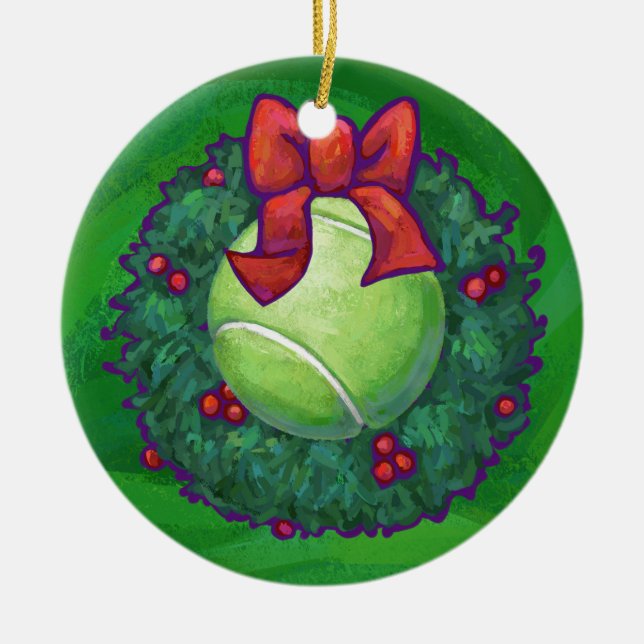 Tennis Ball Christmas Wreath on Green Ceramic Tree Decoration (Front)