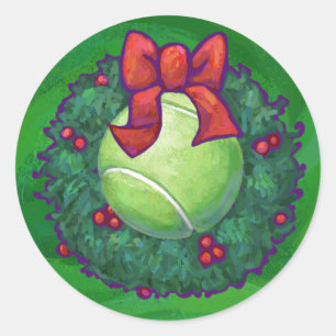 Tennis Ball Christmas Wreath on Green Classic Round Sticker