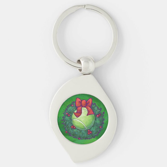 Tennis Ball Christmas Wreath on Green Key Ring (Front)