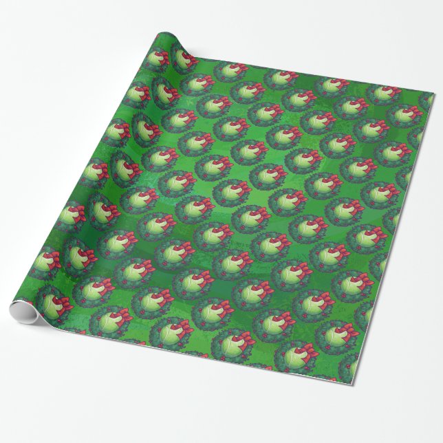Tennis Ball Christmas Wreath Pattern on Green Wrapping Paper (Unrolled)