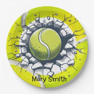 Tennis ball cracking wall with name paper plate