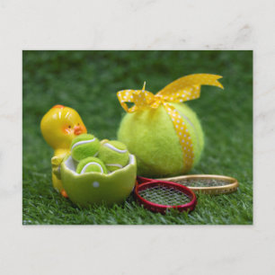 Tennis ball for Easter Holiday with colourful eggs Postcard