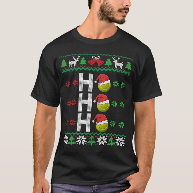Tennis Ball Ho Ho Ho Santa Hat Tennis Ugly Christm T-Shirt (Front)
