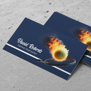Tennis Ball in Fire Professional Tennis Coach Navy Business Card