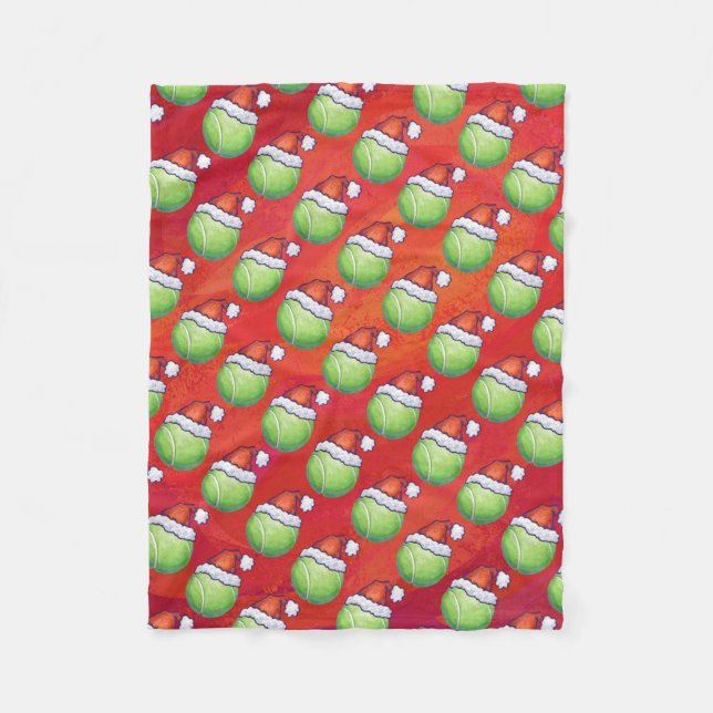 Tennis Ball in Santa Hat Pattern on Red Fleece Blanket (Front)
