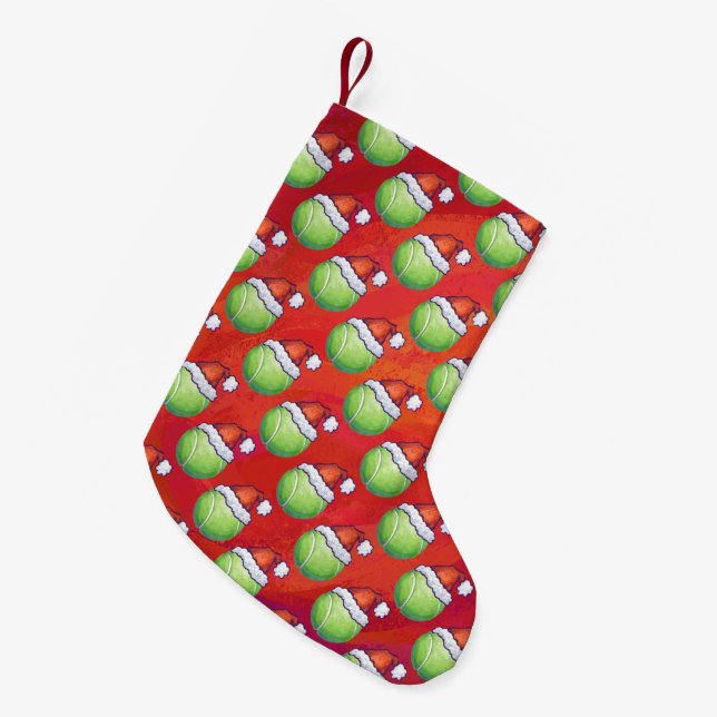 Tennis Ball in Santa Hat Pattern on Red Small Christmas Stocking (Front (Hanging))