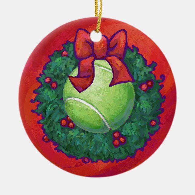 Tennis Ball in Wreath on Red Ceramic Tree Decoration (Front)