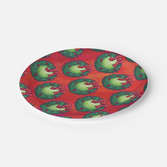 Tennis Ball in Wreath on Red Paper Plate (Angled)