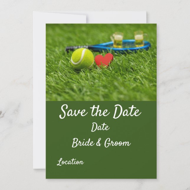 Tennis ball is on green grass with love wedding invitation (Front)