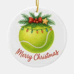Tennis Ball Merry Christmas Holiday Ceramic Ornament