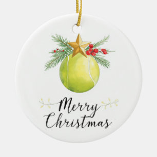 Tennis Ball Merry Christmas Holiday Ceramic Ornament