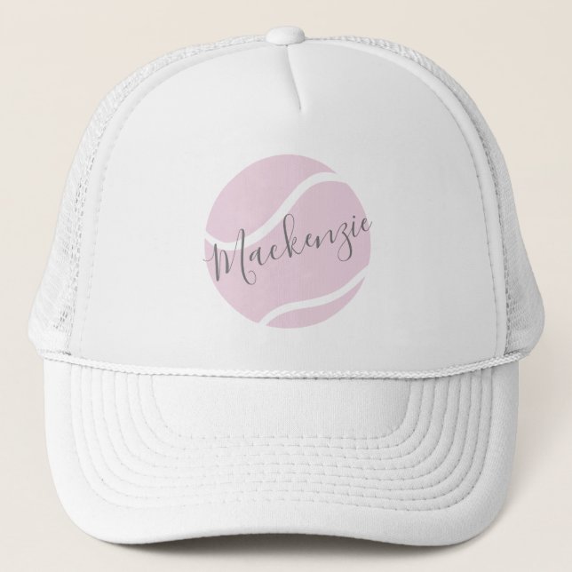 Tennis Ball Monogram Name Pink White Trucker Hat (Front)
