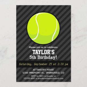 Tennis Ball on Black & Dark Grey Stripes Invitation