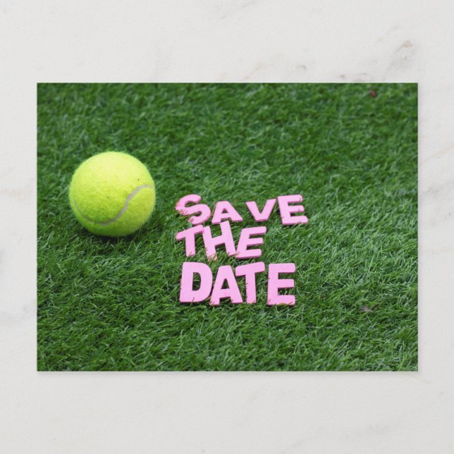 Tennis ball on green save the date Invitation Postcard (Front)