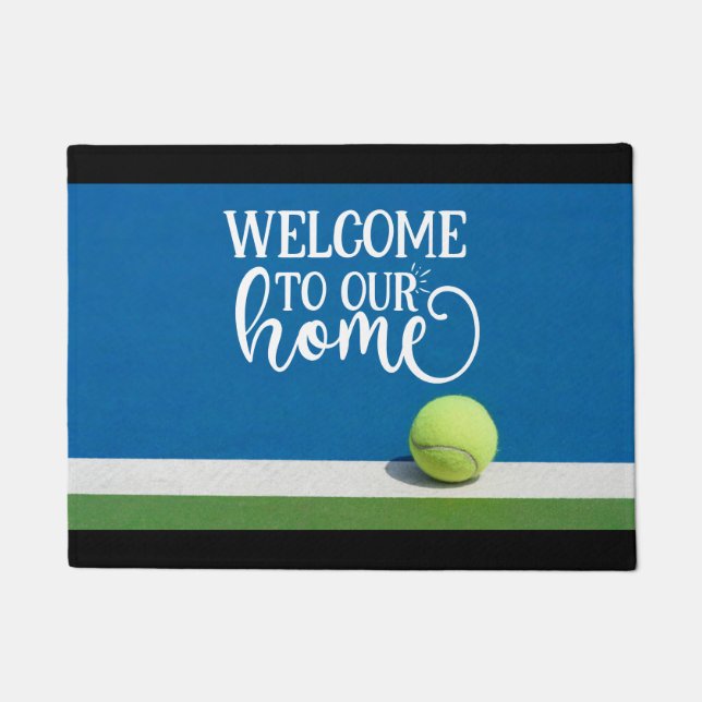 Tennis ball on the court welcome to our home doormat (Front)