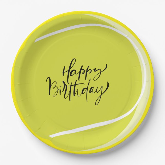 Tennis ball on yellow  Happy Birthday  Paper Plate (Front)