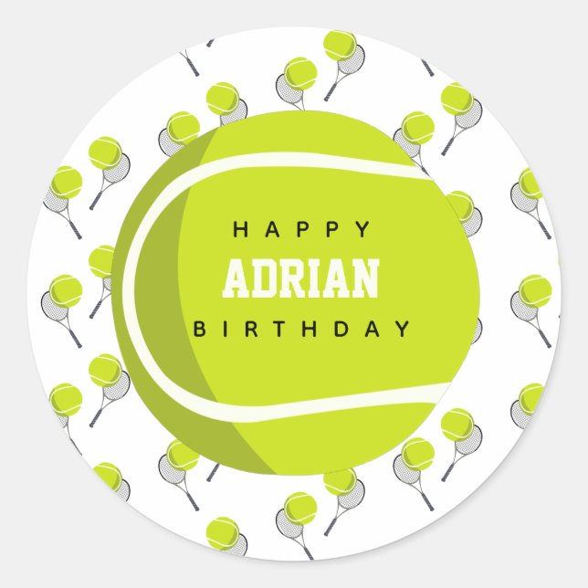 Tennis Ball & Racket Racquet Birthday Party Classic Round Sticker (Front)