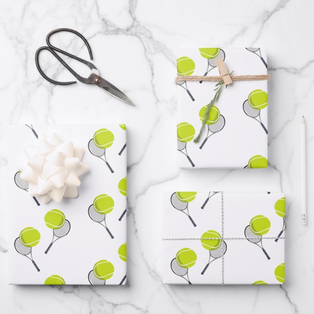 Tennis Ball & Racket Racquet Pattern Wrapping Paper Sheet (Front)