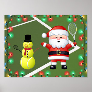Tennis Ball Snowman and Santa Claus Christmas Poster