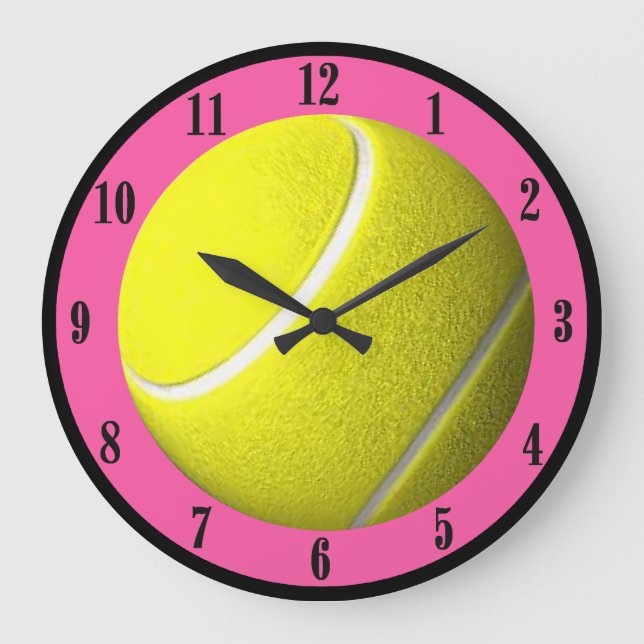 Tennis Ball Wall Clock Pink Court Black Numbers (Front)