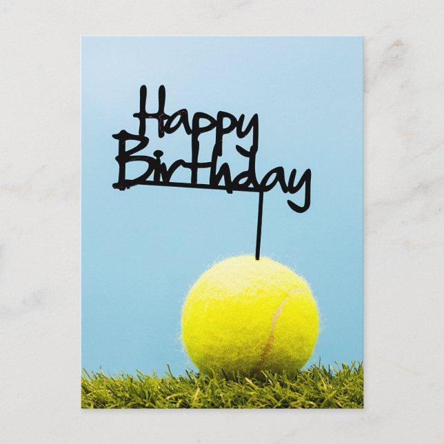 Tennis ball with Happy Birthday Sign on blue sky  Postcard (Front)