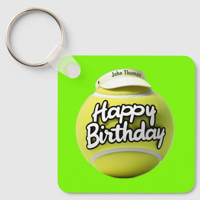 Tennis ball with happy birthday wearing visor key ring (Front)
