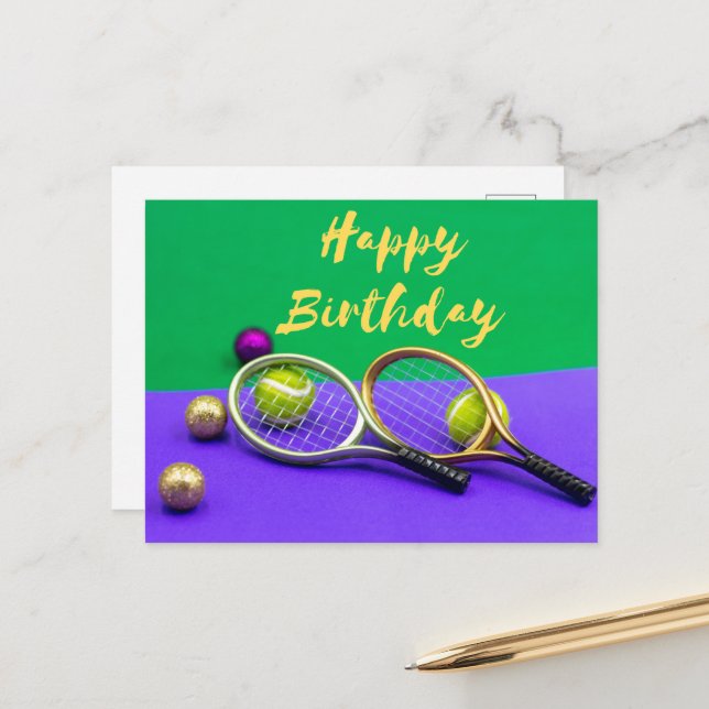 Tennis ball with happy birthday word on green post postcard (Front/Back In Situ)