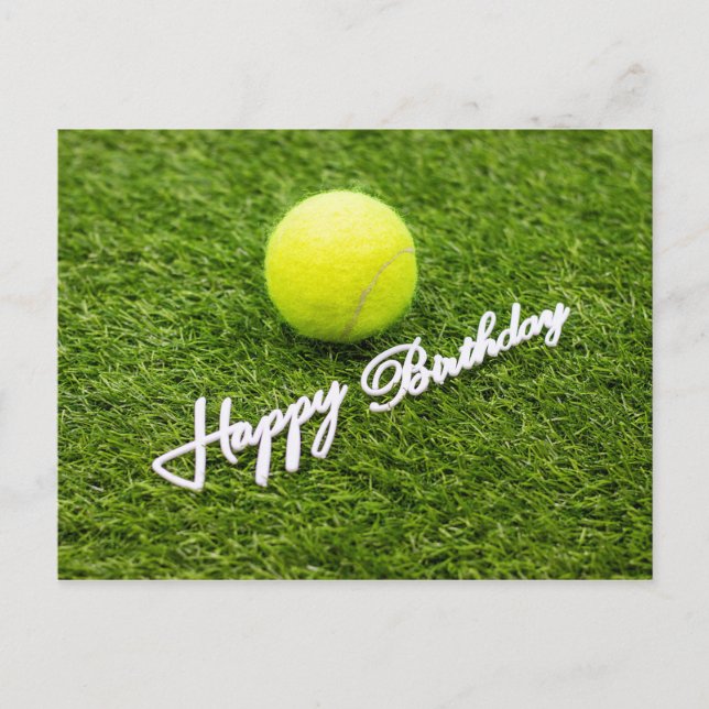 Tennis ball with happy birthday word on green postcard (Front)