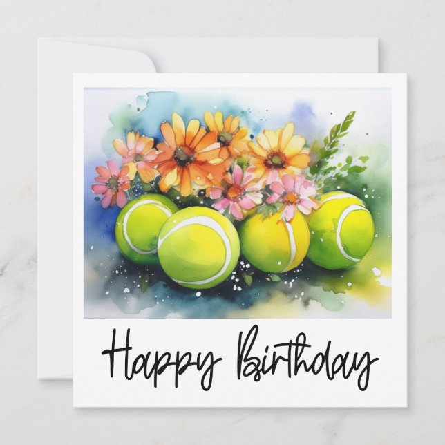 Tennis ball with lots of flower for birthday  card (Front)