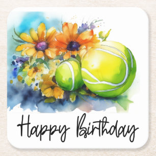 Tennis ball with lots of flower for birthday card square paper coaster