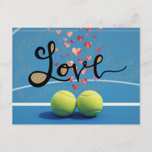 Tennis ball with  LOVE on blue court Holiday Postcard