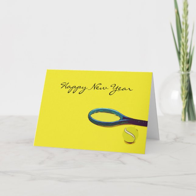 Tennis ball with racket on yellow Happy New Year Holiday Card (Front)