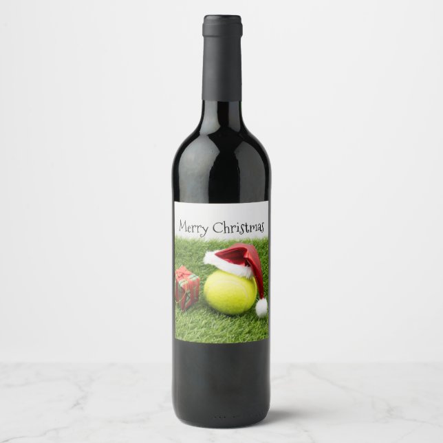 Tennis ball with Santa hat Christmas Wine Label (Front)