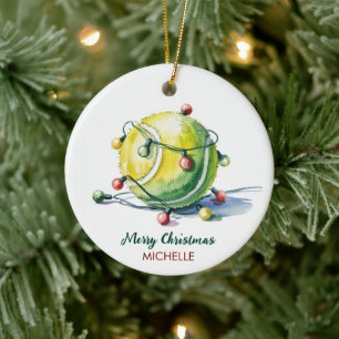 Tennis Ball with Santa Hat Custom Christmas Ceramic Ornament