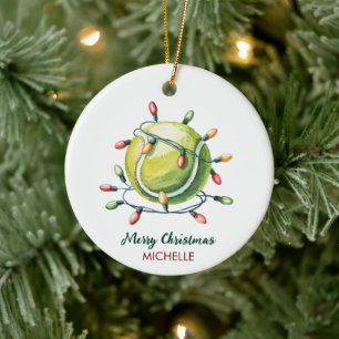 Tennis Ball with Santa Hat Custom Christmas Ceramic Ornament