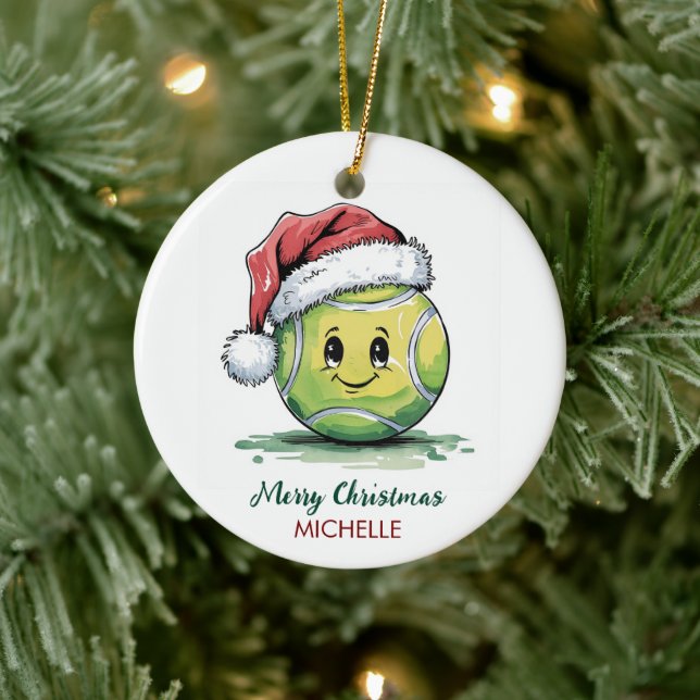  Tennis Ball with Santa Hat Custom Christmas       Ceramic Ornament (Tree)