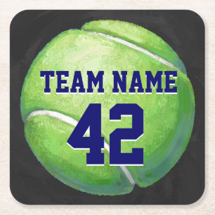 Tennis Ball with Team Name and Number Square Paper Coaster