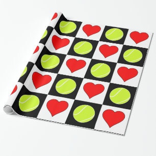 Tennis Balls and Hearts Black & White Chequered Wrapping Paper