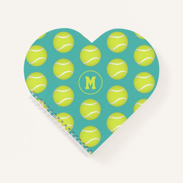tennis balls pattern monogrammed heart shaped notebook (Front)