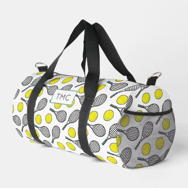 Tennis Balls Racquets Pattern INITIALS Sports Fun Duffle Bag (Right Corner)