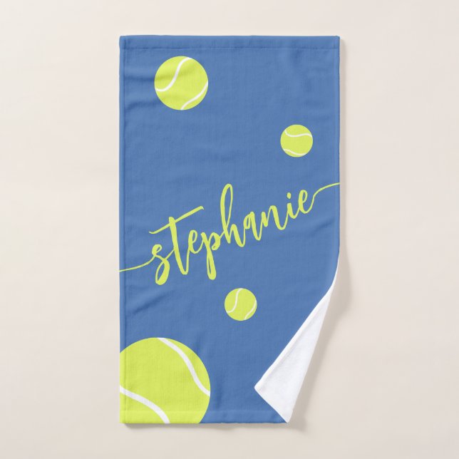 Tennis Balls Script Name Personalised Blue Hand Towel (Hand Towel)