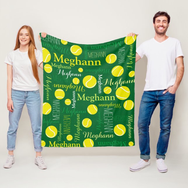 Tennis balls sports yellow, dark green custom name fleece blanket (In Situ)