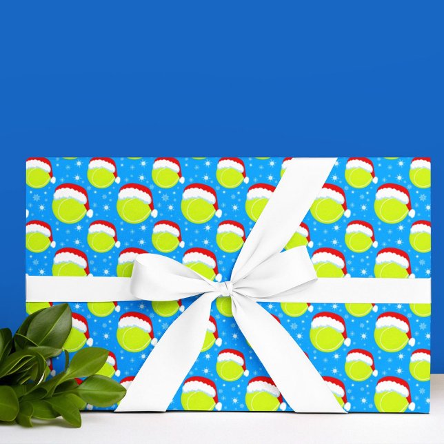 Tennis Balls Wear Santa's Hat & Snowflakes Blue Wrapping Paper (Creator Uploaded)