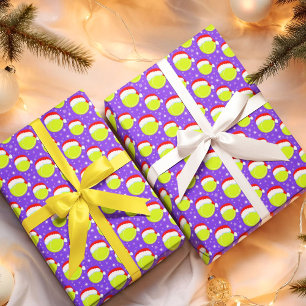 Tennis Balls Wear Santa's Hat & Snowflakes Purple Wrapping Paper