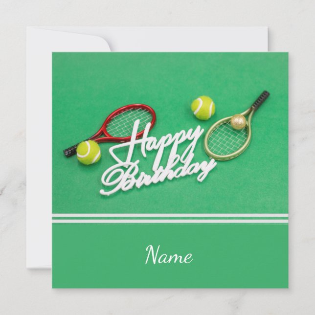 Tennis Birthday card with racket and ball on green (Front)