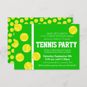 Tennis birthday party invite green, yellow & white