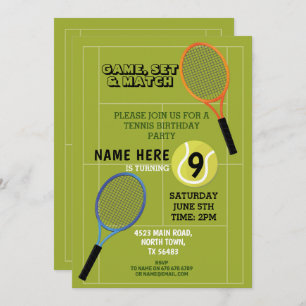 Tennis Birthday Party Sports Ball Rackets Court Invitation
