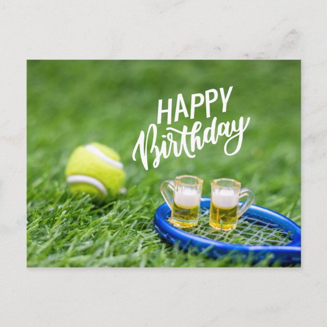 Tennis Birthday with ball and beer on green grass Postcard (Front)