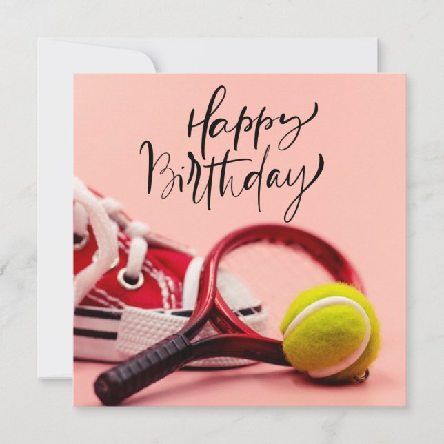 Tennis Birthday with  ball and  Racket on Pink Card (Front)